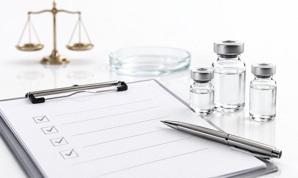 Minimal compliance-themed laboratory still life on a white background.