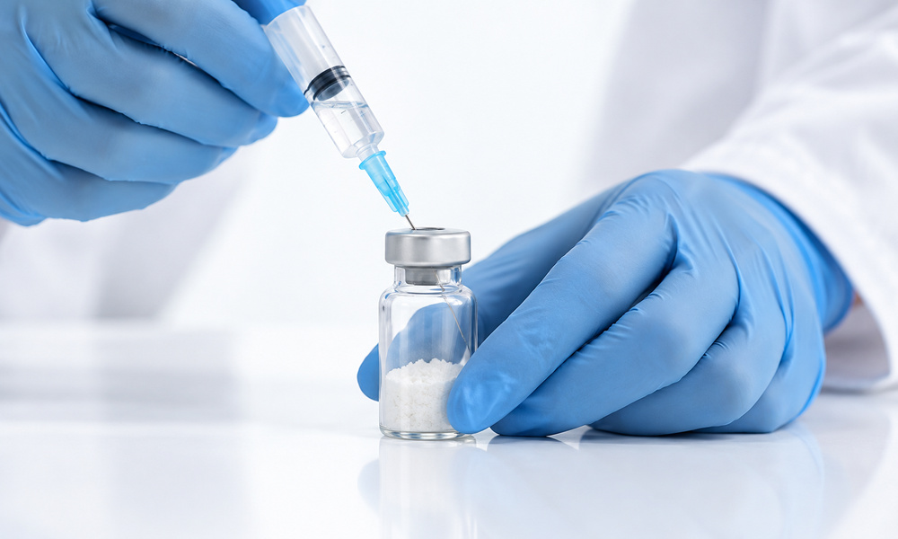 Clean reconstitution scene featuring a vial and syringe on a white background.